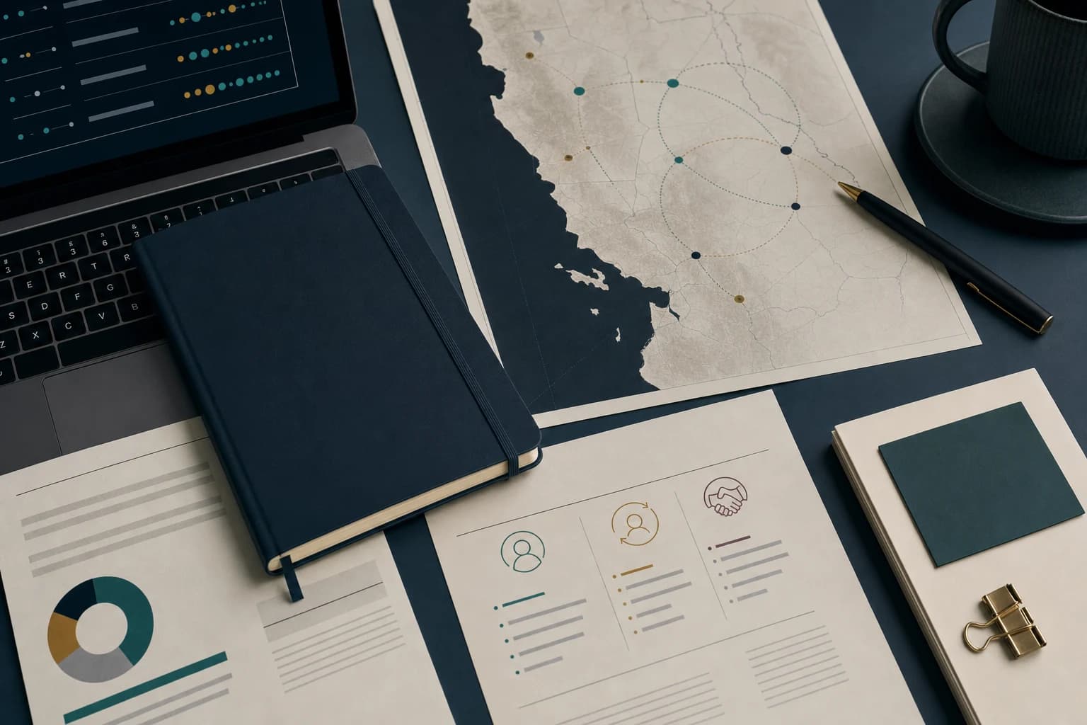 Printed outreach plan and location notes arranged on an operations desk